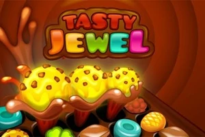 Kolorowe napisy Tasty Jewel nad trzema lodami z polewą czekoladową i ciastkami w tle