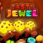 Kolorowe napisy Tasty Jewel nad trzema lodami z polewą czekoladową i ciastkami w tle