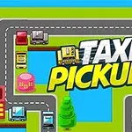 Ilustracja przedstawia drogę z różnokolorowymi samochodzikami w stylu kreskówkowym, otoczonymi budynkami i drzewami, z napisem Taxi Pickup pośrodku