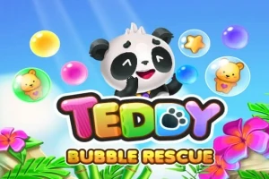 Panda otoczona kolorowymi bąbelkami i napisami, na tle nieba i egzotycznych kwiatów