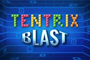 Kolorowy napis Tentrix Blast na tle niebieskiej siatki z geometrycznymi wzorami