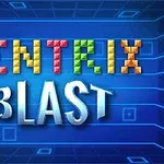 Kolorowy napis Tentrix Blast na tle niebieskiej siatki z geometrycznymi wzorami