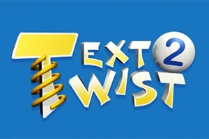 Napis Text Twist 2 z dużą żółtą literą T na niebieskim tle