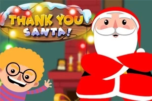 Święty Mikołaj z brodą w czerwonym stroju i uśmiechnięty chłopiec w okularach na tle kominka z napisem Thank You Santa!