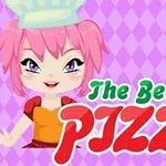 Dziewczynka w czapce kucharskiej z różowymi włosami, napis The Best Pizza i kawałek pizzy na fioletowym tle w romby