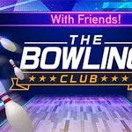 Logo z napisem The Bowling Club otoczone kręglami na kolorowym tle z napisem With Friends!