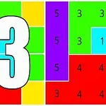 Liczba 13 na tle wielokolorowych kwadratów z liczbami 3, 4 i 5