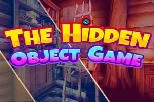 Napisy The Hidden Object Game na tle podzielonym na trzy sekcje z wnętrzem drewnianego pokoju z książkami, drabiną i zasłonami