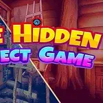 Napisy The Hidden Object Game na tle podzielonym na trzy sekcje z wnętrzem drewnianego pokoju z książkami, drabiną i zasłonami