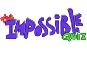 Kolorowy napis „The Impossible Quiz” na białym tle z użyciem fioletowych, czerwonych i zielonych liter
