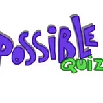 Kolorowy napis „The Impossible Quiz” na białym tle z użyciem fioletowych, czerwonych i zielonych liter