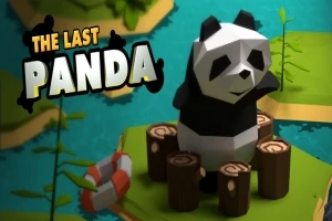 Panda stojąca na platformie z pniami drzew, otoczona wodą, z tytułem The Last Panda obok