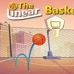 Koszykarski boisko z siatką, lecącą piłką do kosza i stylizowanymi budynkami w tle, z tekstem The Linear Basketball na górze