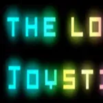 Kolorowy neonowy napis THE LOST JOYSTICK na czarnym tle