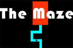 Napis The Maze na czarnym tle z czerwonym prostokątem oraz niebieską linią w labiryncie