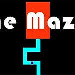 Napis The Maze na czarnym tle z czerwonym prostokątem oraz niebieską linią w labiryncie