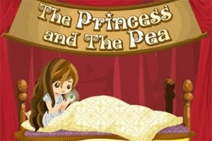 Dziewczynka z długimi brązowymi włosami leży w łóżku i trzyma zielony groszek, a nad nią znajduje się napis The Princess and The Pea na tle czerwonych zasłon