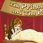 Dziewczynka z długimi brązowymi włosami leży w łóżku i trzyma zielony groszek, a nad nią znajduje się napis The Princess and The Pea na tle czerwonych zasłon