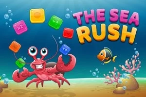 Homar z unoszącymi się kolorowymi bloczkami pod wodą i rybka na tle koralowców oraz dużego napisu The Sea Rush