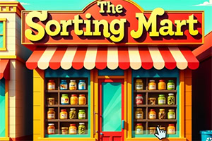 Sklep z napisem The Sorting Mart oraz kolorowymi puszkami w witrynie pod markizą