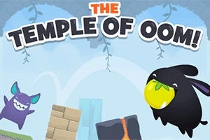 Ciemny stworek trzymający żółty owoc, obok fioletowy stworek i układ z klocków na tle nieba z napisem The Temple of Oom!