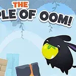 Ciemny stworek trzymający żółty owoc, obok fioletowy stworek i układ z klocków na tle nieba z napisem The Temple of Oom!