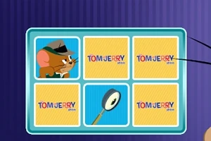 The Tom and Jerry Show: Memory Mischief Plansza z kafelkami, w tym obrazek myszy w kapeluszu i lupy, na tle z logo Tom Jerry Show