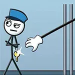 Postać w niebieskiej czapce trzyma klucz, podczas gdy ręka z dużą rękawicą wyciąga się zza krat