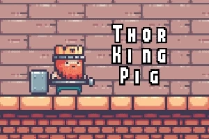 Postać pikselowa z brodą i koroną trzymająca młot na tle ceglanej ściany z tekstem Thor King Pig