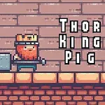 Postać pikselowa z brodą i koroną trzymająca młot na tle ceglanej ściany z tekstem Thor King Pig