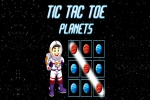 Astronauta w kosmosie obok planszy z grą, gdzie czerwone i niebieskie planety ułożone są w linii na tle gwiaździstego nieba