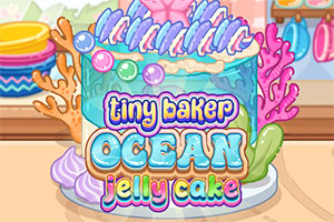 Kolorowy tort w morskim stylu z muszelkami, koralowcami i napisem „tiny baker ocean jelly cake