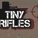 Czarny cień postaci z karabinem za tekstem Tiny Rifles na tle z celownikiem