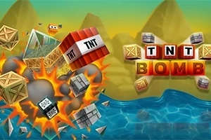 Eksplozja drewnianych skrzyń i dynamitu nad wodą z literami układającymi się w napis TNT BOMB na tle gór