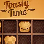 Grafika przedstawia układankę z kromkami chleba z zamkniętymi oczami na polach ciemnobrązowej planszy z napisem Toasty Time u góry
