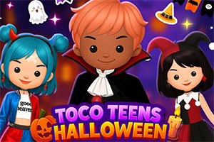 Kolorowe postacie w strojach halloweenowych, wampir w centrum, dynia, duszek i fioletowe tło z gwiazdami