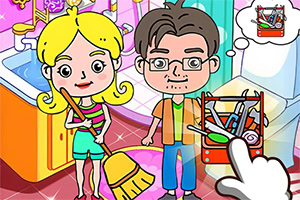 Kreskówkowa dziewczynka z miotłą i chłopiec w okularach stoją w pokoju, a obok widać rękę wskazującą kosz pełen pociętych obrazków