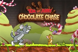 Tom and Jerry: Chocolate Chase Tom i Jerry biegają po kolorowym, cukierkowym krajobrazie z nazwą Chocolate Chase na górze