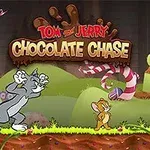 Tom and Jerry: Chocolate Chase Tom i Jerry biegają po kolorowym, cukierkowym krajobrazie z nazwą Chocolate Chase na górze