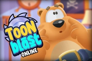 Ilustracja przedstawia zaskoczonego niedźwiedzia z szeroko otwartymi oczami, obok którego znajduje się kolorowe logo z napisem Toon Blast Online