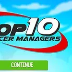Niebieskie tło z tekstem TOP 10 Soccer Managers i przyciskiem Continue w zielonym kolorze