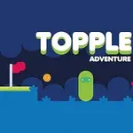 Napis Topple Adventure na tle z niebieskim krajobrazem, zielona postać, moneta, flaga i czerwony pojazd z astronautą