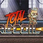 Napis Total Recoil z kreskówkową postacią na tle industrialnej scenerii