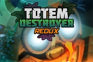 Napis Totem Destroyer Redux na tle rysunkowej maski totemu z dużymi, świecącymi oczami