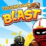 Postacie w kaskach futbolowych biegną z piłką, na tle niebieskiego nieba z promieniami i tekstem TOUCHDOWN BLAST