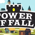 Napis Tower of Fall z zamkiem w tle na tle wioski z domkami i wieżami