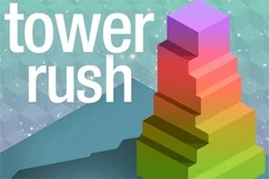 Napis tower rush obok wielobarwnej wieży złożonej z prostokątnych bloków na tle geometrycznym