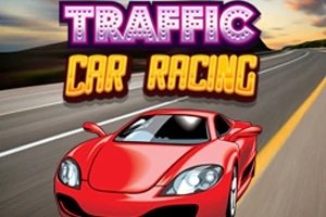 Czerwony samochód sportowy na tle szosy z kolorowym napisem Traffic Car Racing u góry