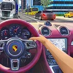 Widok z perspektywy kierowcy samochodu sportowego na ruchliwą ulicę z ciężarówką, autobusem i innymi pojazdami