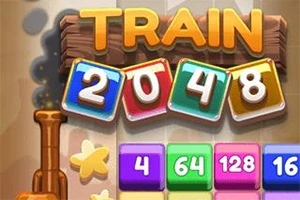 Kolorowe kafelki z numerami 2048, napis TRAIN oraz elementy przypominające lokomotywę